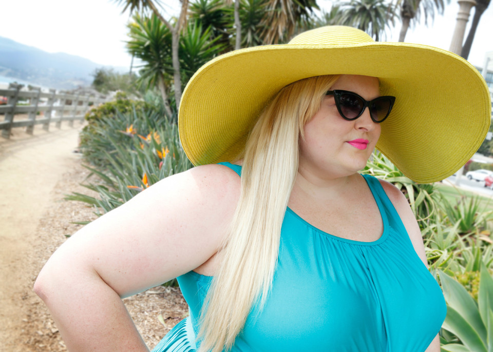 plus fashion expert Reah Norman wearing Monif C. plus size swim collection